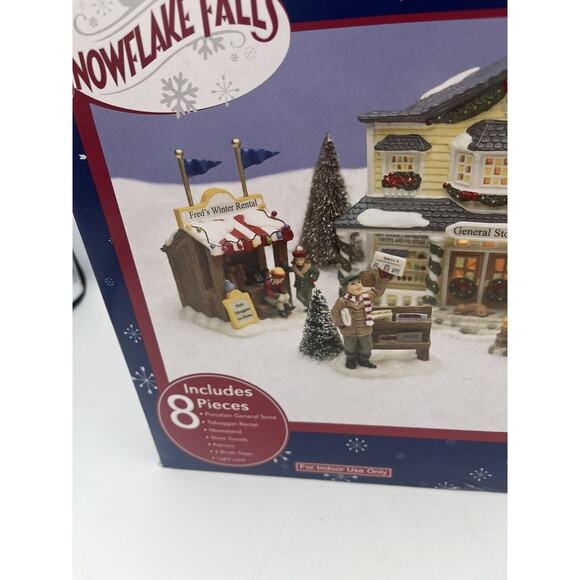 Snowflake Falls Lighted General Store 8 Piece Holiday Village Set Christmas 2002 - Picture 3 of 9